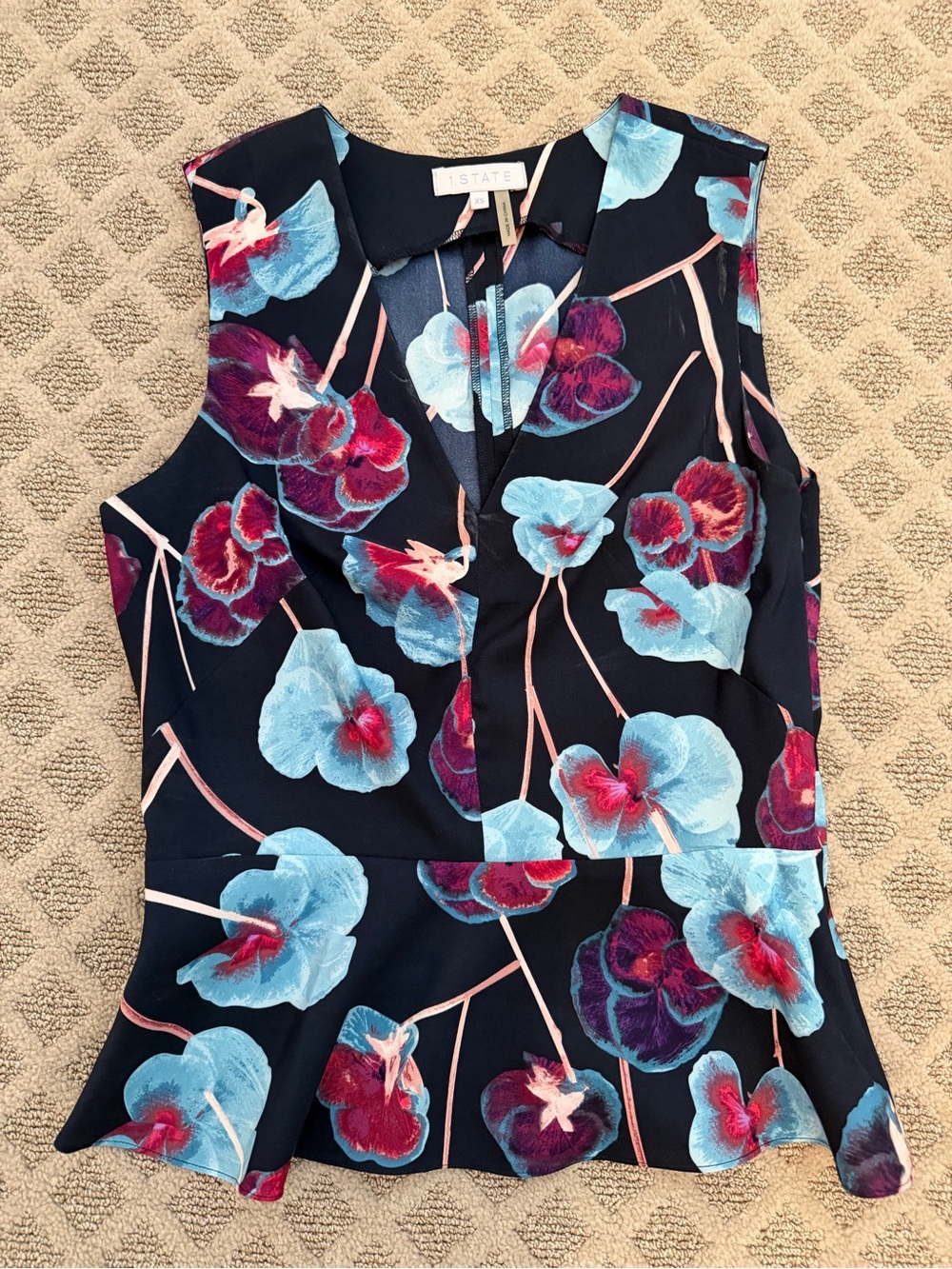 1. State Navy Floral V-Neck Peplum Top with Blue & Magenta Blooms
